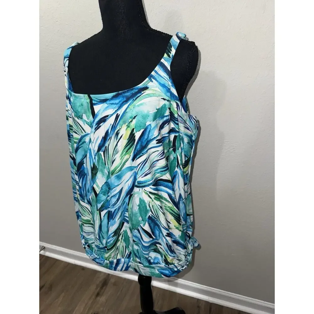 Terra & Sky Tankini Top 2X 20W 22W Blue Green Tropical Palm Blouson Swimsuit Top
